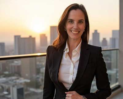 Ashley Fairman stands on balcony in front of city skyline
